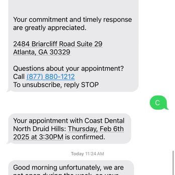 Coast Dental - Confirmation text followed by "We're not open during the week." - General Dentistry Near Me - Atlanta, Georgia