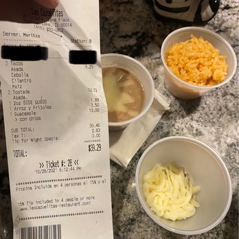 Las Cazuelitas - Receipt, "sides" of queso, rice and beans - Mexican Near Me - Crystal Lake, Illinois