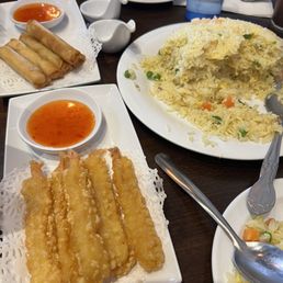 Lumpia, fried shrimp tempura, fried rice Lumpia, fried shrimp tempura, fried rice