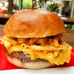 Miss Kay's - MAC DADDY BURGER: Beef Patty, Mac & Cheese, American Cheese, Sweet BBQ Sauce, Mayo & Loaded with Fries