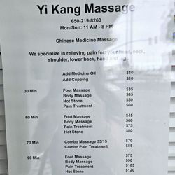 Yi Kang Massage - Prices.  Still current as of 8/10/24