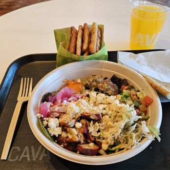 CAVA - Spicy Lamb + Sweet Potato bowl, Sumac Pita chips and Tangerine Aleppo drink - Mediterranean Near Me - Denver, Colorado