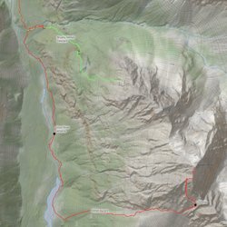 Baneful Peak - Our ascent in red, descent in green.  The middle part is actually pretty easy and straight-forward, just stick to the ridge!