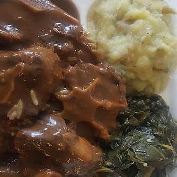 The Greasy Spoon - Oxtails, mashed potatoes and greens - Soul Food Near Me - Houston, Texas