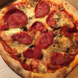 Spicy salami, Gorgonzola and mushroom pizza - yum