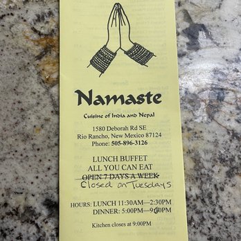 Namaste - Menu for takeout. Prices are subject to change. - Indian Near Me - Rio Rancho, New Mexico