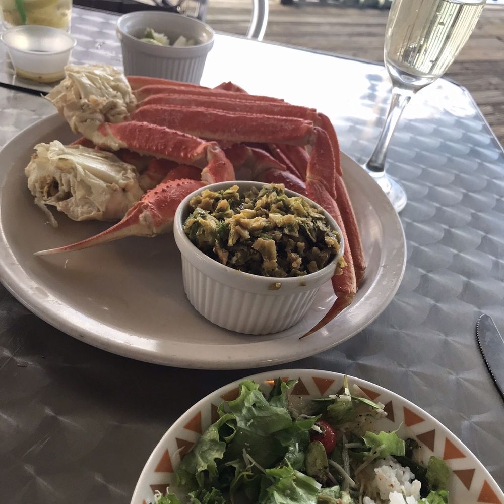 Fish Camp On Lake Eustis - Crab leg special w Brussel sprouts and local greens "Aquaponic Lynx Farm to Table" Salad - Seafood Near Me - Tavares, Florida