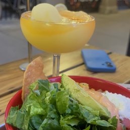 Street corn chicken bowl and peach margarita Street corn chicken bowl and peach margarita