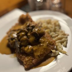 Gustav's - Jager schnitzel with Spatzle. Mushroom gravy