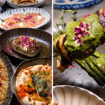 Ammoora - Hummus, labneh, Baba Ghanouj,     Tabbouleh, chicken skewers with a green herb sauce, served over asparagus. - Mediterranean Near Me - Baltimore, Maryland