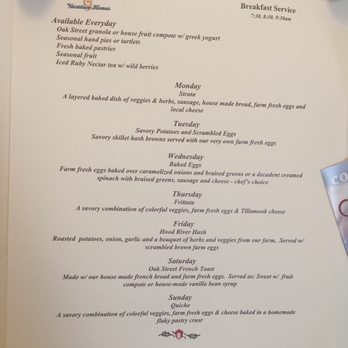 Oak Street Hotel - Daily breakfast entree menu - Hotels Near Me - Hood River, Oregon Oak Street Hotel - Daily breakfast entree menu - Hotels Near Me - Hood River, Oregon