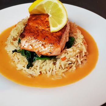 Bird Brook Catering - Blackened Salmon w/Rice Pilaf & Sautéed Spinach. Served with a Cajun Beurre Blanc - Caterers Near Me Bird Brook Catering - Blackened Salmon w/Rice Pilaf & Sautéed Spinach. Served with a Cajun Beurre Blanc - Caterers Near Me
