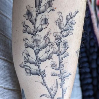 Bell & Iron Tattoo - Snapdragons on inner left shin by Lo, 2.5 weeks healed - Tattoo Near Me - Oakland, California Bell & Iron Tattoo - Snapdragons on inner left shin by Lo, 2.5 weeks healed - Tattoo Near Me - Oakland, California