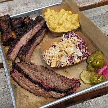 Canyon Joe’s Barbecue - 3 meat platter with mac and cheese and coleslaw - Barbeque Near Me - Lincoln, Nebraska