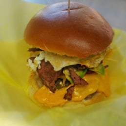Double Play topped with a Fried Egg. Look how stuffed this burger is...YUMMY Double Play topped with a Fried Egg. Look how stuffed this burger is...YUMMY