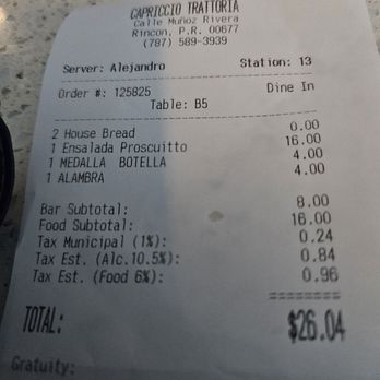 Capriccio Trattoria - Bill - Italian Near Me - Rincon, Puerto Rico