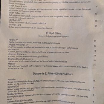 Freekeh - Skewers, Rolled Bites, Desserts & After dinner drinks menu. Thu dinner 2025-04-24 - Middle Eastern Near Me - San Francisco, California Freekeh - Skewers, Rolled Bites, Desserts & After dinner drinks menu. Thu dinner 2025-04-24 - Middle Eastern Near Me - San Francisco, California