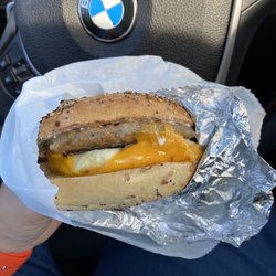 BIGGBY COFFEE - Sausage egg and cheese on an everything bagel