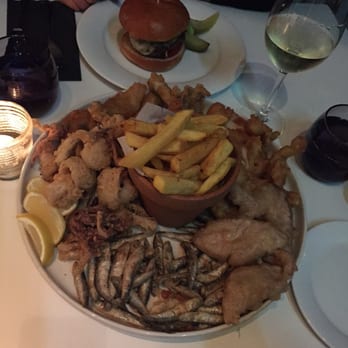 The Parlour - Fritto misto sharing platter with a choice of fried fish and chips. £20 Suggested for 2 - Mediterranean Near Me - London, XGL The Parlour - Fritto misto sharing platter with a choice of fried fish and chips. £20 Suggested for 2 - Mediterranean Near Me - London, XGL