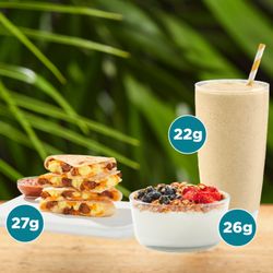 Tropical Smoothie Cafe - Protein breakfast: Peanut Paradise™, Mixed Berry Greek Yogurt Bowl & Sausage Egg & Cheese Dilla'.