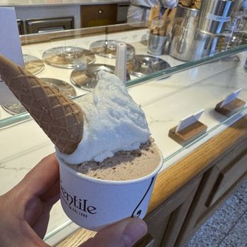 Gentile Gelateria - Hazelnut and vanilla with a mini cone on top - Gelato Near Me - New York, New York Gentile Gelateria - Hazelnut and vanilla with a mini cone on top - Gelato Near Me - New York, New York