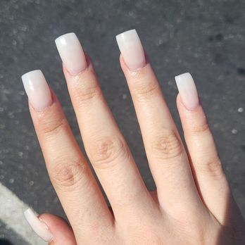 Beauty Nails - Milky white acrylic nails with Kim's signature + 01 over top! - Nail Salons Near Me - Sonora, California