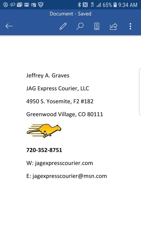JAG EXPRESS COURIER Updated August 2024 4950 S Yosemite, Greenwood
