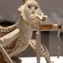 Winnipeg Art Gallery - Noah Annanak; Bird Shaman with Fishing Gear, Smoking a Pipe; 1979; antler, sinew, black coloring