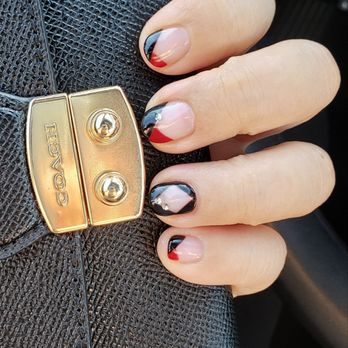 Audrey Nail - Burgundy &black gellnail with little diamond - Nail Salons Near Me Audrey Nail - Burgundy &black gellnail with little diamond - Nail Salons Near Me