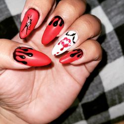 Dolled Up Nails - The Rusted Saguaro Salon - GEL-X RED HALLOWEEN THEME