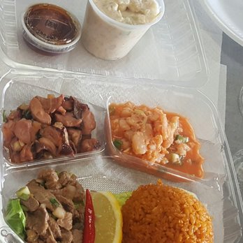 Red Rice - Kelaguen sampler - shrimp, beef, octopus - with red rice. Eggplant in coconut milk at the top. Pure awesomeness. - Barbeque Near Me - Las Vegas, Nevada Red Rice - Kelaguen sampler - shrimp, beef, octopus - with red rice. Eggplant in coconut milk at the top. Pure awesomeness. - Barbeque Near Me - Las Vegas, Nevada