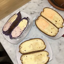 Ube bread with marzipan and red bean, cinnamon sugar bread with pumpkin and ginger, and cinnamon sugar bread with marzipan and ginger.
