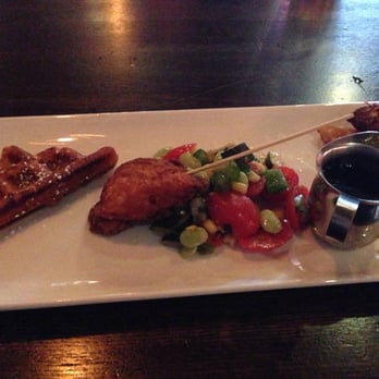 Plan B Burger Bar - Chicken and waffles on a stick. For the fall 2013 restaurant week. I had to take a bite first. - Burgers Near Me - Milford, Connecticut Plan B Burger Bar - Chicken and waffles on a stick. For the fall 2013 restaurant week. I had to take a bite first. - Burgers Near Me - Milford, Connecticut