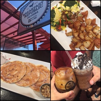 Breakfast Republic - Mushroom and Pesto eggs Benedict and Cinnamon Roll Pancakes. Sweet Cocky 12 iced coffee and an iced Oreo Iced Latte... - Breakfast & Brunch Near Me - San Diego, California