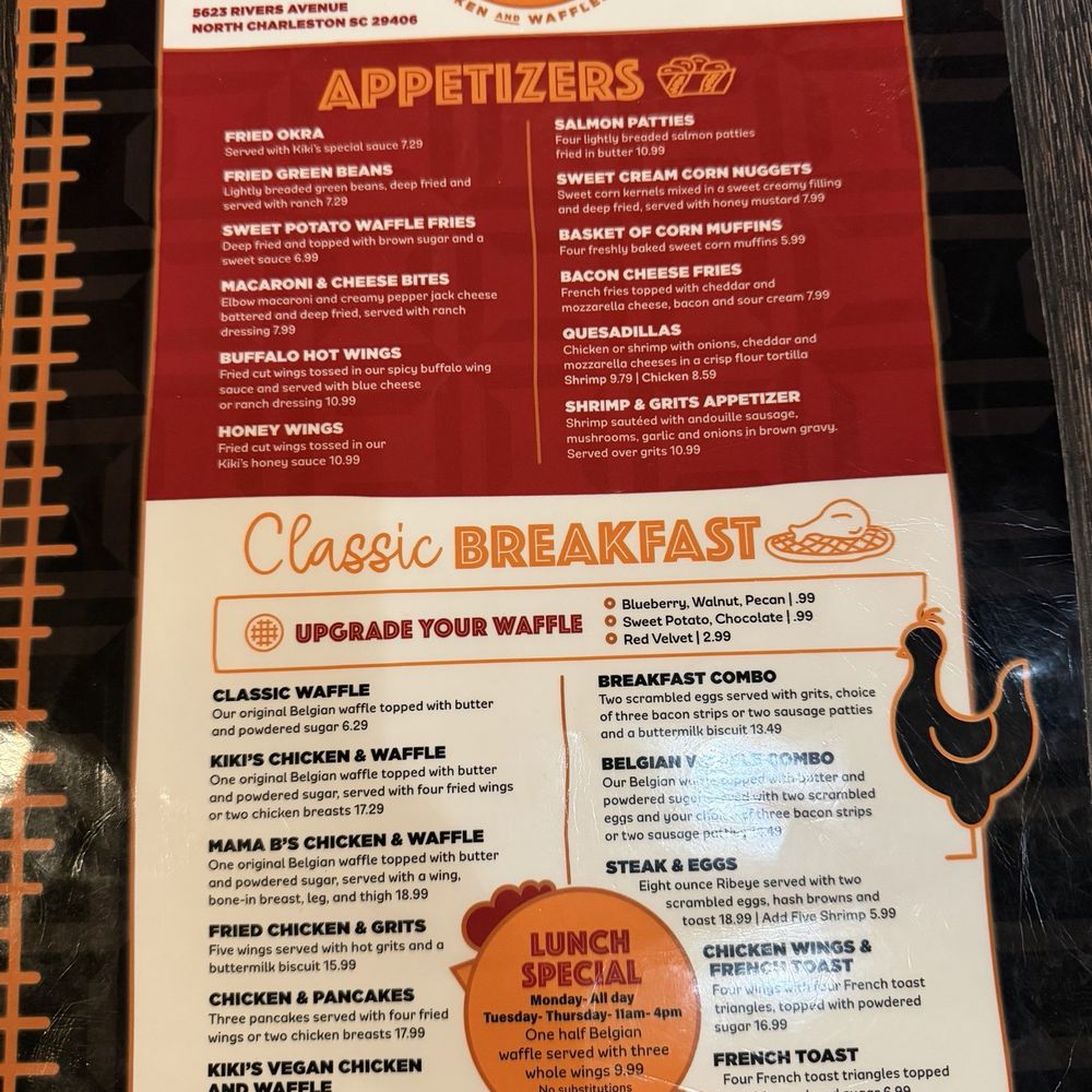 Kiki's Chicken and Waffles - Front of menu - American Near Me - Columbia, South Carolina