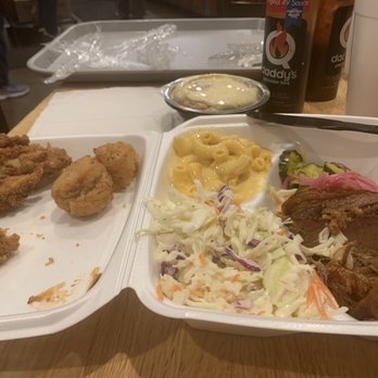 Q Daddy's Pitmaster BBQ - BBQ sampler. Pulled pork, brisket, chicken strips, pickles and onions, pups, Mac and cheese, coleslaw - Barbeque Near Me - Smithfield, Virginia Q Daddy's Pitmaster BBQ - BBQ sampler. Pulled pork, brisket, chicken strips, pickles and onions, pups, Mac and cheese, coleslaw - Barbeque Near Me - Smithfield, Virginia