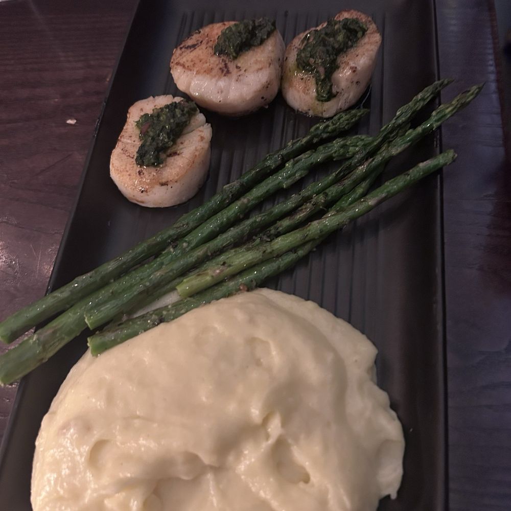 Redfire Grill and Steakhouse - Seared Scallops with mashed potatoes and asparagus - Steakhouses Near Me - Hockessin, Delaware Redfire Grill and Steakhouse - Seared Scallops with mashed potatoes and asparagus - Steakhouses Near Me - Hockessin, Delaware