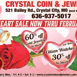 Sweetheart Sale! 60% OFF In-Stock Gold Jewelry. 30% OFF In-Stock Silver Jewelry and 30% OFF In-Stock Eco Drive Citizen Watches.