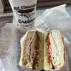 Hot Chocolate Sparrow - #3 turkey, roasted red pepper, pesto sandwich