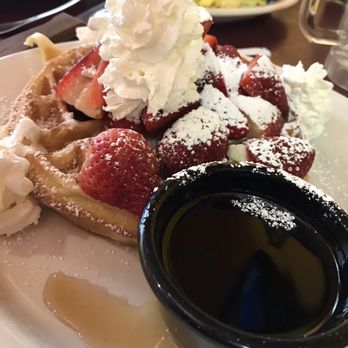 Momo's Cafe - 5 star Bacon infused waffle (not on menu) with strawberries and whip.. you don't even need the syrup! - American Near Me - Vallejo, California