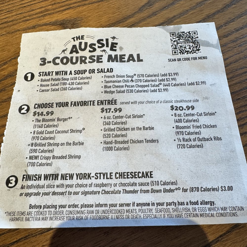 Outback Steakhouse - 3 Course Meal Deal - have to ask for this menu - Steakhouses Near Me - Wildwood, Florida Outback Steakhouse - 3 Course Meal Deal - have to ask for this menu - Steakhouses Near Me - Wildwood, Florida