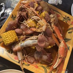 Seafood boil with crab, prongs, and sausage! Seafood boil with crab, prongs, and sausage!