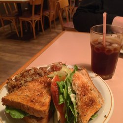 2 Kelly's Cafe - Toasted Cucumber & Swiss Sandwich and shredded hash browns with Ice tea