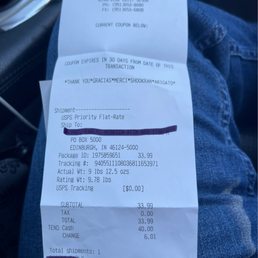 One large flat rate shipping box on the receipt only for $33.99 One large flat rate shipping box on the receipt only for $33.99