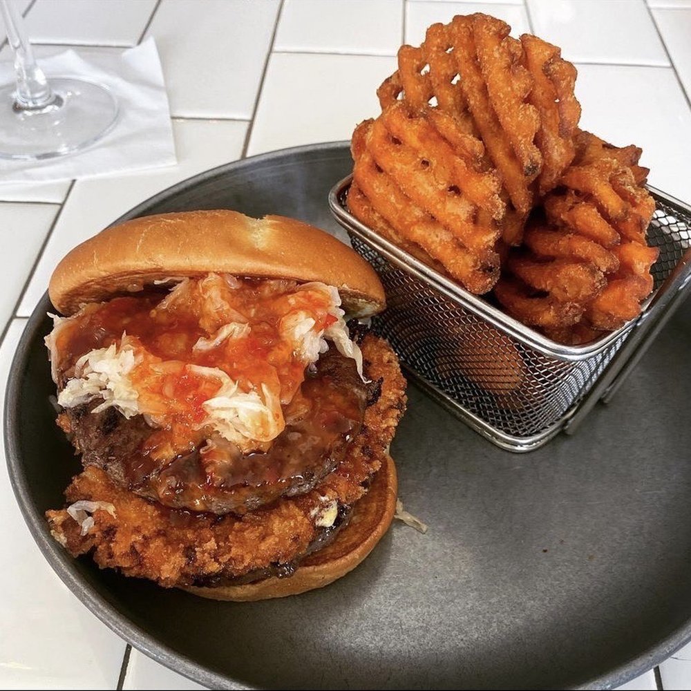 Bourbon's Kitchen - Burger with fried pimento cheese patty, sauerkraut, Thai sweet chili sauce - Bars Near Me - Middletown, Ohio Bourbon's Kitchen - Burger with fried pimento cheese patty, sauerkraut, Thai sweet chili sauce - Bars Near Me - Middletown, Ohio
