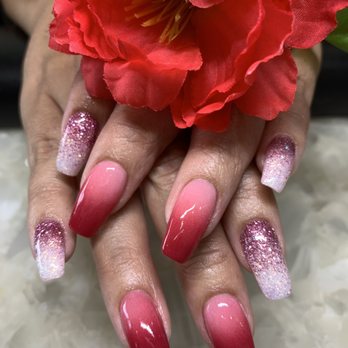 Modern Nails - Hot pink and pink ombre with pink and white ombre glitter nails. Modern Nails Frisco - Nail Salons Near Me - Frisco, Texas