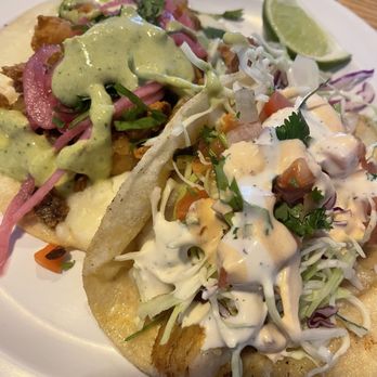 Bajamar Seafood & Tacos - Left- octopus chicharron taco; right- bajamar fish taco (grilled) - Seafood Near Me - Henderson, Nevada