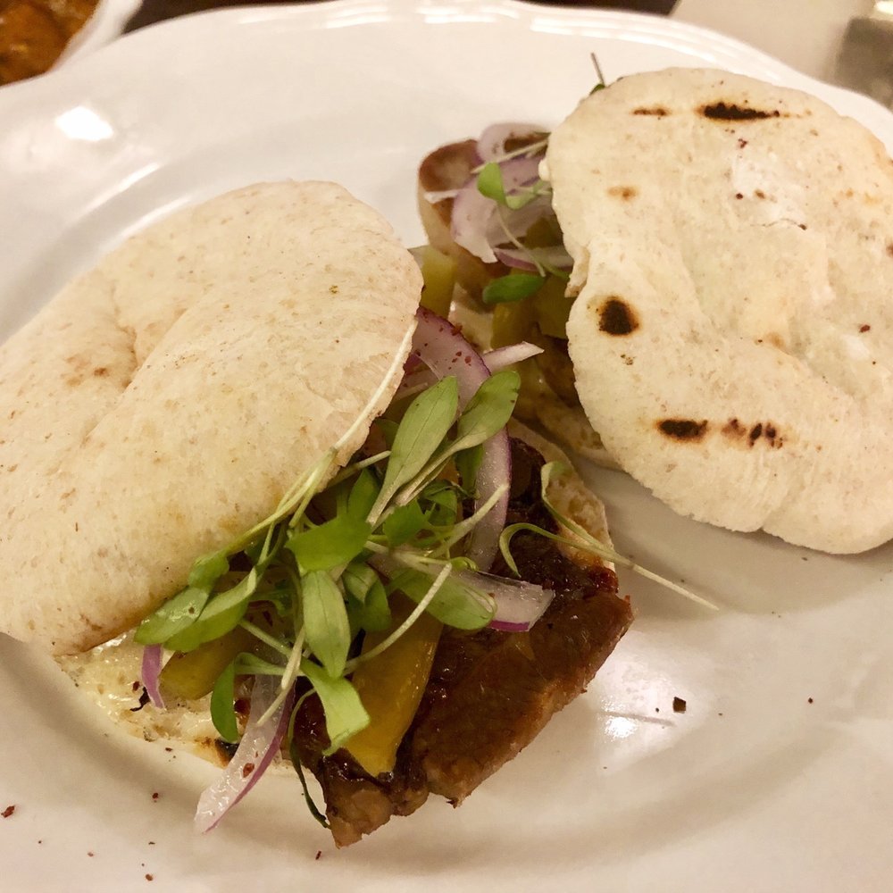 Sofreh - Beef Tongue “Sandwich” – Mini Wheat Pita Bread, Lemon Aioli, Pickled Persian Cucumber - Persian/Iranian Near Me - Brooklyn, New York Sofreh - Beef Tongue “Sandwich” – Mini Wheat Pita Bread, Lemon Aioli, Pickled Persian Cucumber - Persian/Iranian Near Me - Brooklyn, New York