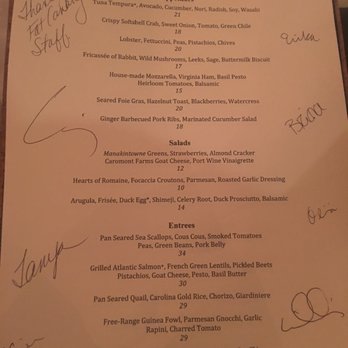 Fat Canary - Our wedding night menu signed by the employees! So nice!!! - New American Near Me - Williamsburg, Virginia