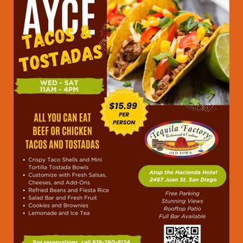 Old Town Tequila Factory - ALL-YOU-CAN-EAT Taco & Tostada Buffet for $15.99 at Old Town Tequila Factory! - Mexican Near Me - San Diego, California Old Town Tequila Factory - ALL-YOU-CAN-EAT Taco & Tostada Buffet for $15.99 at Old Town Tequila Factory! - Mexican Near Me - San Diego, California